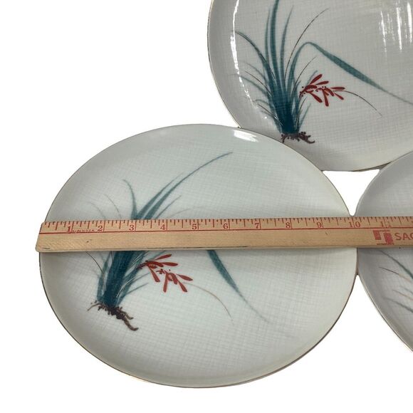 Vtg 3 Nunome China Dinner Plates 10 in Grass Red Flower Gray Plaid Japan OOAK‎ - Picture 2 of 9